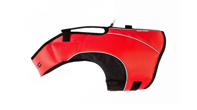 Vibrant red dog vest, ergonomic design, high buoyancy, neoprene handle, and reflective piping for safety in water.