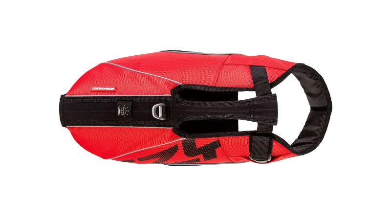 Red DFD X2 Boost XS Dog Vest, ergonomic life jacket for dogs 7-11 kg, features buoyancy, adjustable collar, and reflective safety.