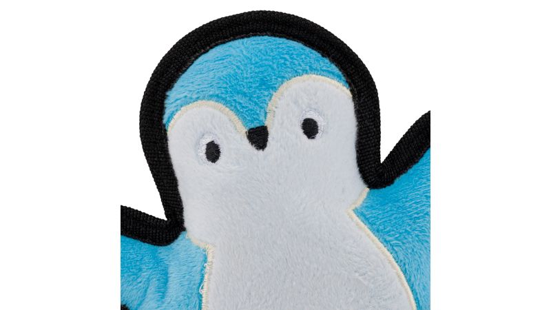 Eco-friendly Beco Peggy the Penguin dog toy, made from recycled materials, durable with squeaker, floats for playtime fun.