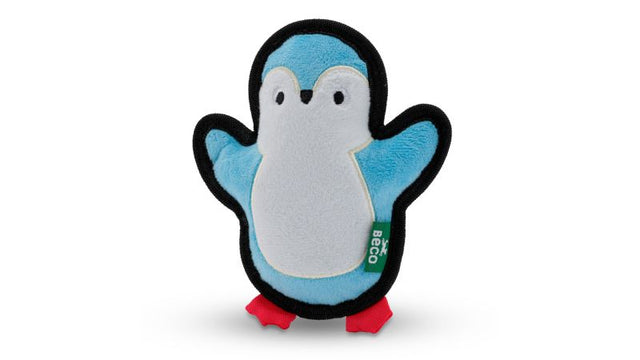 Eco-friendly Beco Peggy the Penguin dog toy made from recycled materials; durable, squeaky, and floats for water play.