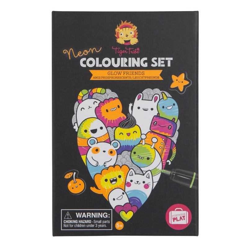 Brightly colored Neon Colouring Set with stickers and markers, perfect for inspiring creativity in children aged 3 and up.