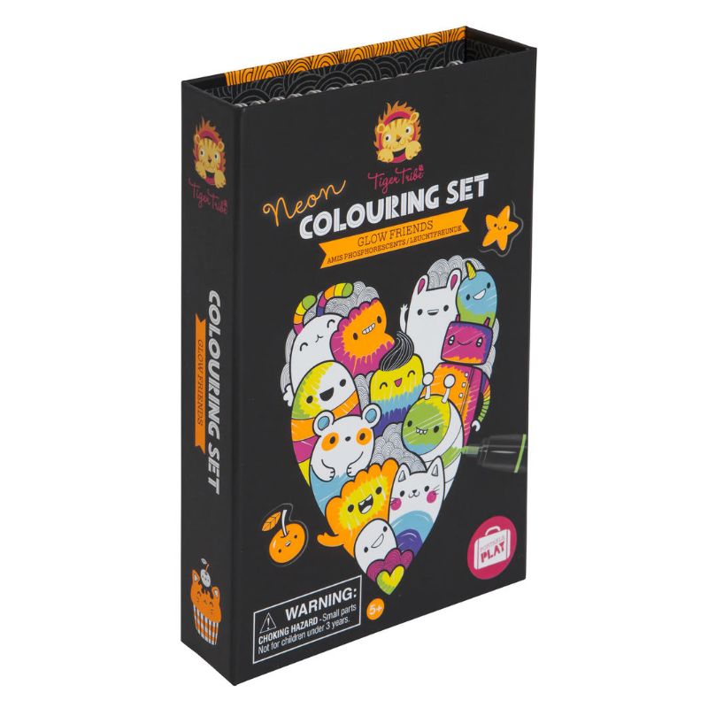 Vibrant Neon Colouring Set with 36 pages, double-sided markers, and stickers, perfect for creative play and portability.