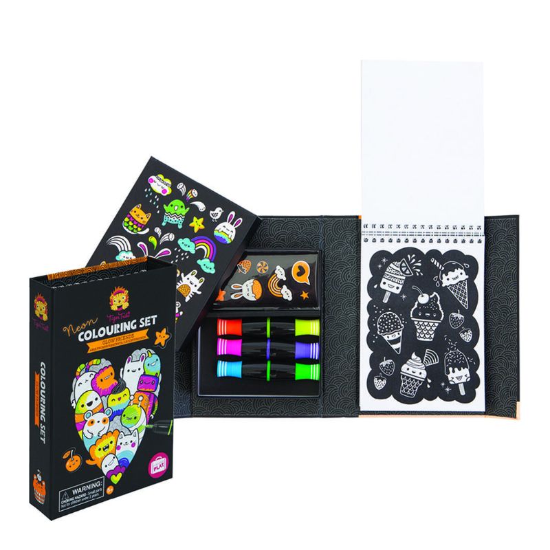 Colorful Neon Colouring Set with 36 pages, stickers, and markers for creative fun and portability, perfect for ages 3+.