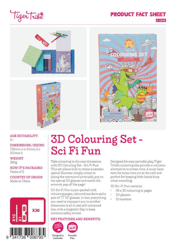 3D Colouring Set - Sci Fi Fun features 36 pages and 10 markers with 3D glasses for vibrant, immersive art experiences.