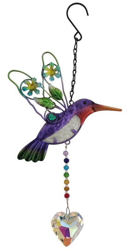 Handing Decoration - Hummingbird with Crystal Heart (Purple)