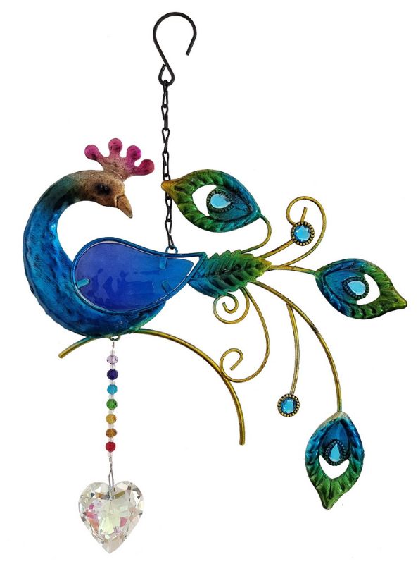 Hanging Decoration - Peacock with Crystal Heart (Blue)