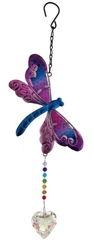 Hanging Decoration - Dragonfly with Crystal Heart (Purple)