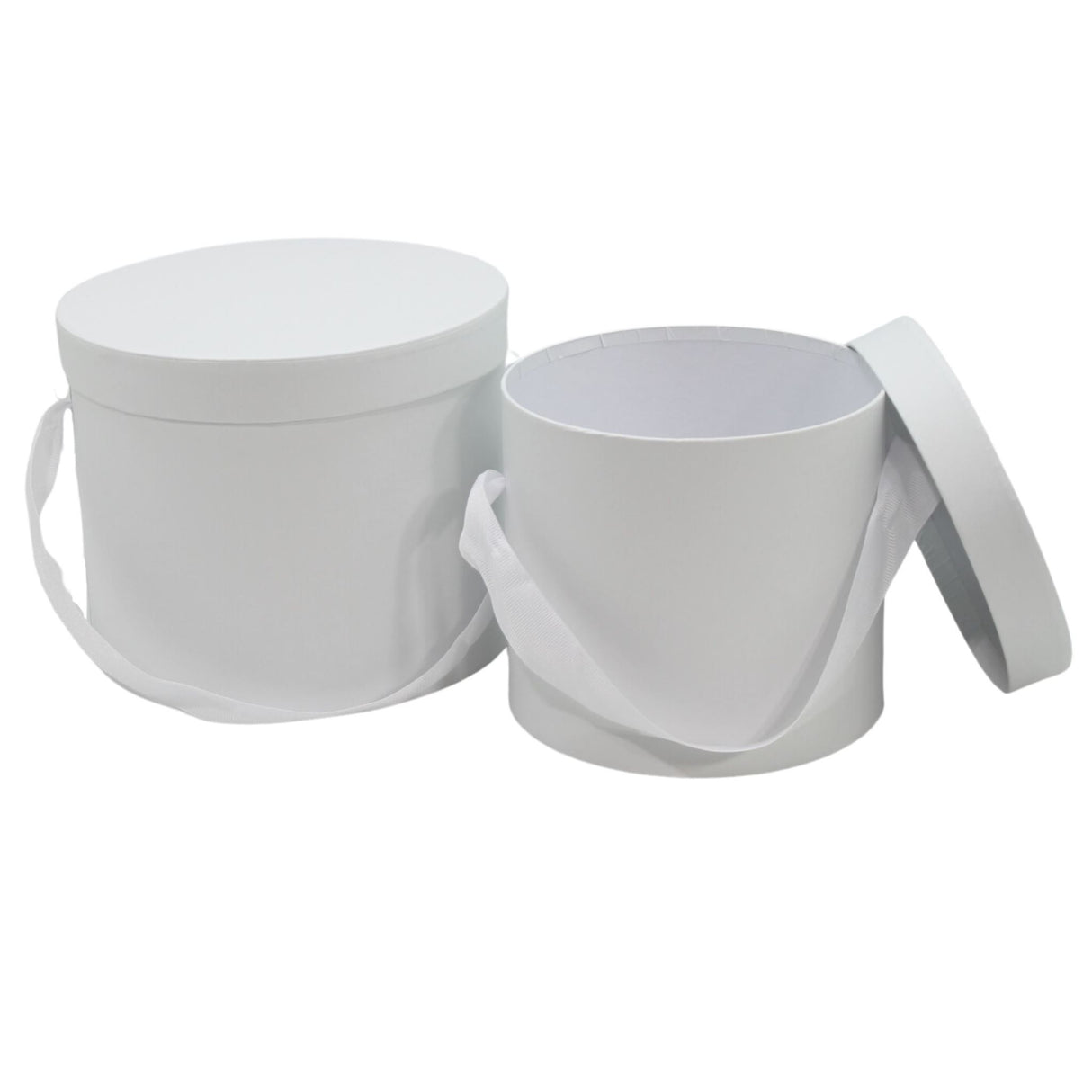 Matte White Flower Hat Box Set of 2 with White Grosgrain Ribbon Handle