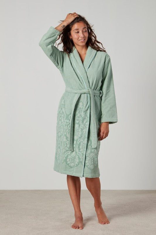 Gia Ming Green bathrobe with shawl collar, pockets, and waist tie, made from OEKO-TEX® certified cotton velour.