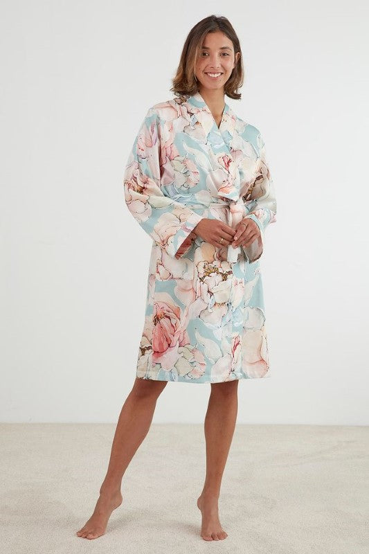 Mint green peony print kimono robe with pockets, waist tie, and made from breathable, certified cotton sateen. Size L/XL.