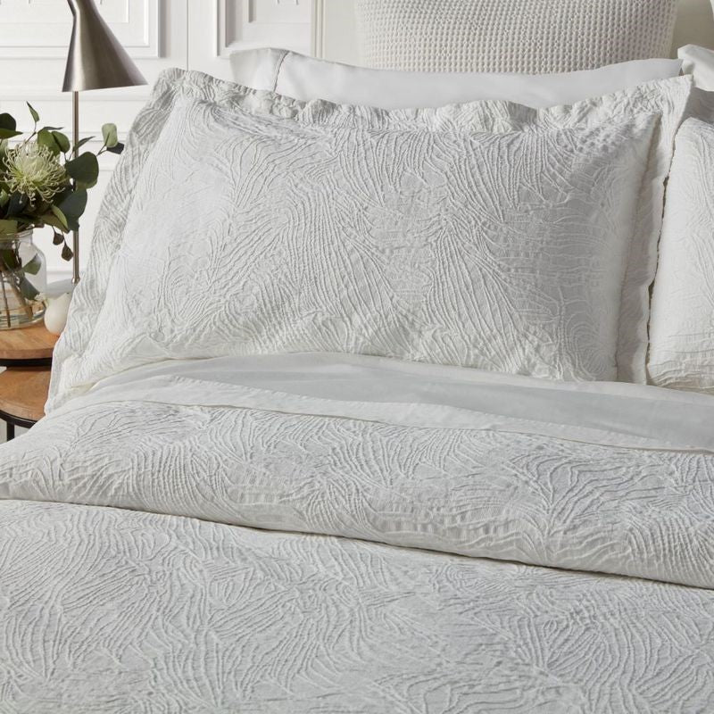 Elegant white Dunes bedspread set with sand dune texture, 100% OEKO-TEX® cotton, includes queen cover and pillowcases.