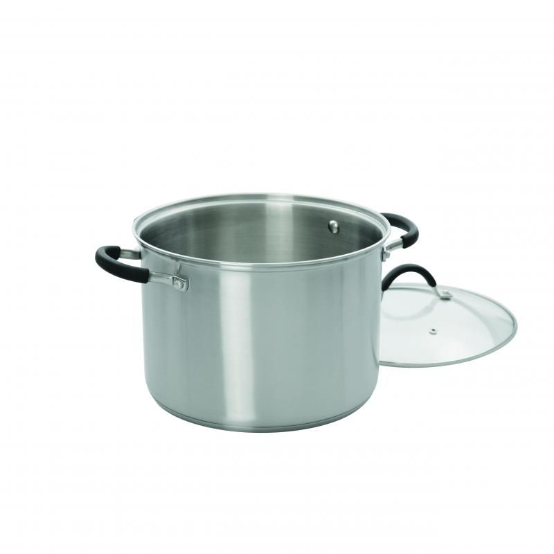 Heavy-duty stainless steel 30cm stockpot with tempered glass lid, perfect for large meals and compatible with all heat sources.