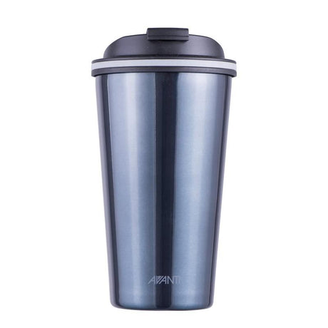 Brushed stainless steel travel cup in dark steel blue, keeping drinks cold for 16 hours and hot for 8, with secure screw lid.