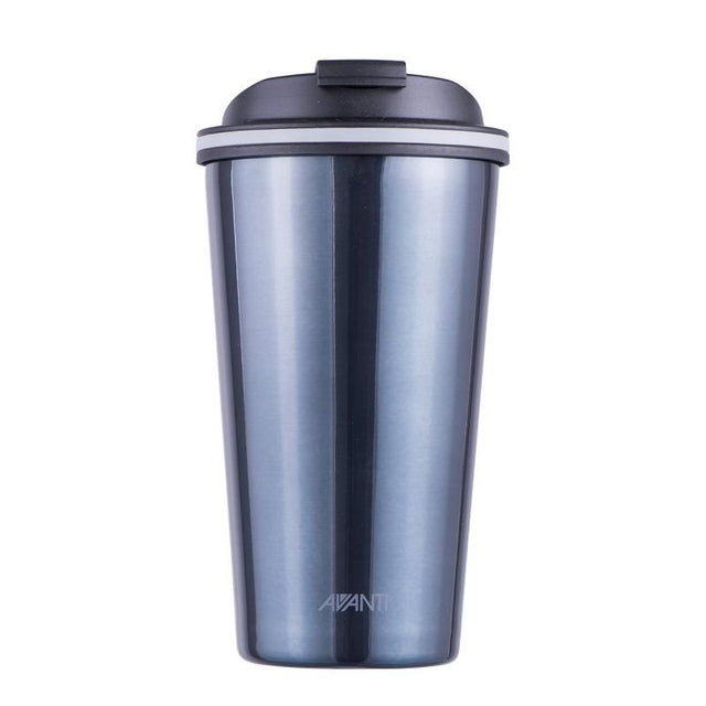 Brushed stainless steel travel cup in dark steel blue, keeping drinks cold for 16 hours and hot for 8, with secure screw lid.