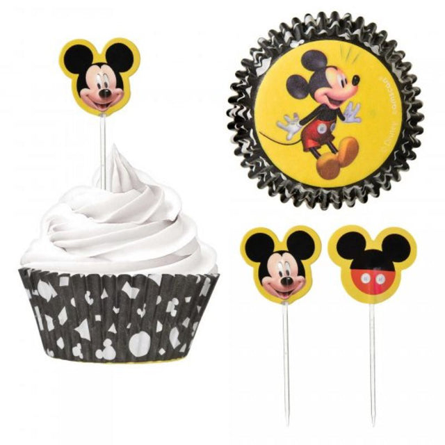 Mickey Mouse cupcake cases and picks set featuring 48 pieces for themed celebrations and baking fun.