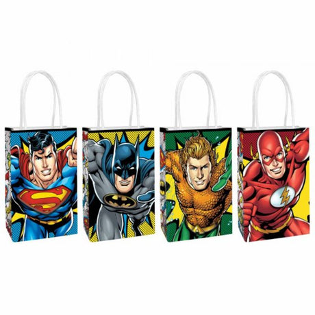 Customizable Justice League paper kraft bags, pack of 8, perfect for DIY birthday favors and themed events.