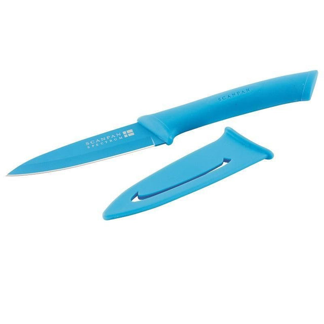 Scanpan Spectrum Blue Utility Knife with 10 cm carbon stainless steel blade, non-stick coating, and comfortable soft-touch handle.