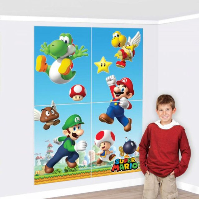 Four large plastic Super Mario Brothers scene setters, each measuring 70cm x 101cm, perfect for themed parties.