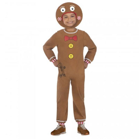 Child's Gingerbread Man costume with cozy jumpsuit and festive headpiece, perfect for holiday fun and celebrations.