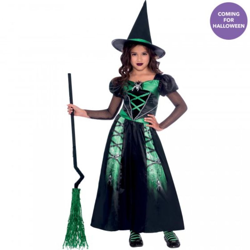 Costume Spider Witch for girls aged 8-10, featuring spider web prints and a stylish hat for Halloween fun.