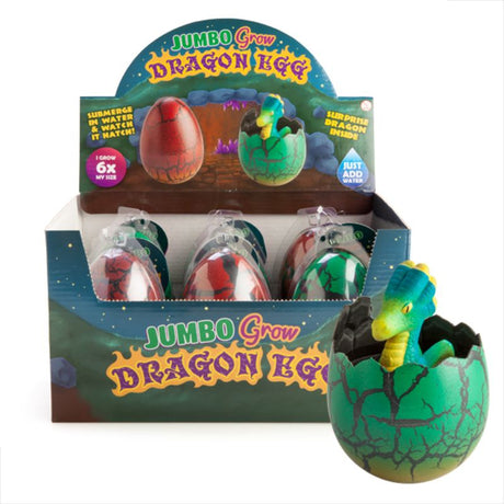 Assorted set of 6 colorful Jumbo Grow Dragon Eggs that expand and hatch in water, promoting imaginative play.