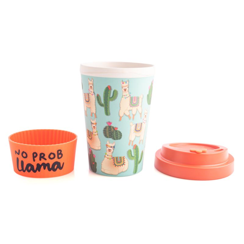 Eco-friendly bamboo travel cup featuring a cute llama design, coral anti-spill lid, and silicone band with "No Prob Llama."