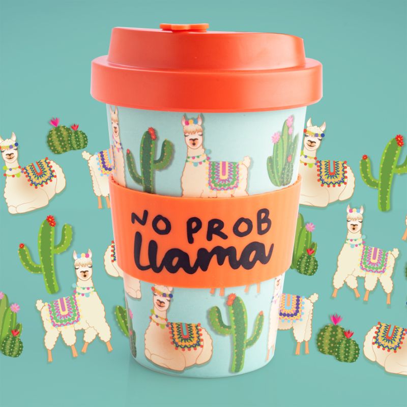 Eco-friendly 470ml bamboo cup featuring a llama and cactus design, with a coral lid and "No Prob Llama" silicone band.