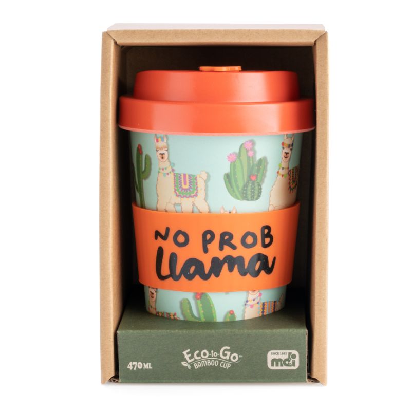 Eco-friendly bamboo travel cup featuring llamas and cacti, with a coral lid and "No Prob Llama" silicone band.