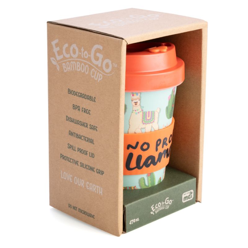 Eco-friendly bamboo cup with llama design, coral lid, and silicone band; ideal for travel and reducing plastic waste.