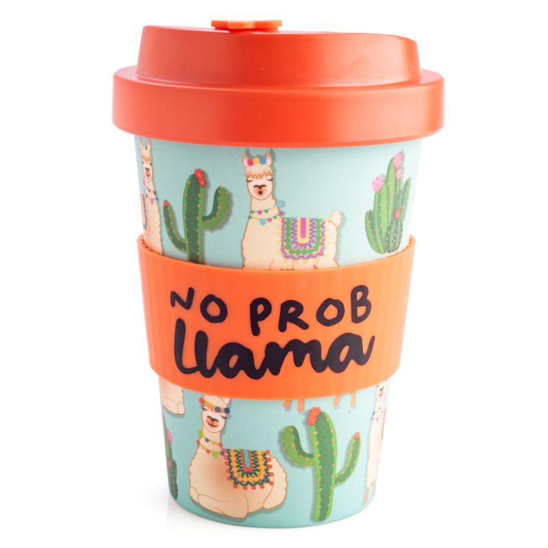 Eco-friendly bamboo travel cup featuring llamas and cacti, with a coral anti-spill lid and silicone band, 470ml capacity.