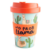 Eco-friendly bamboo travel cup featuring llamas and cacti, with a coral anti-spill lid and silicone band, 470ml capacity.