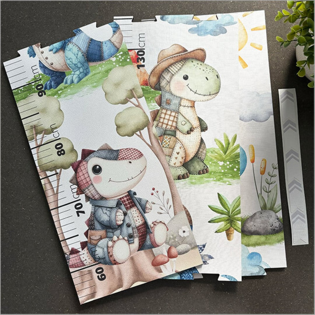 Colorful patchwork dinosaur growth chart ruler, measuring 175 cm tall, ideal for marking children’s height milestones.