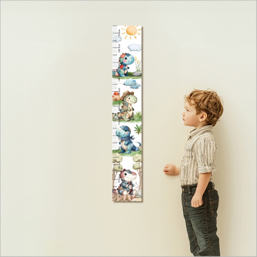 Colorful patchwork dinosaur growth chart ruler, 175 cm tall, perfect for marking child's growth and nursery decor.