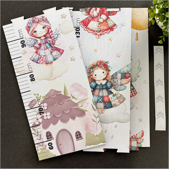 Colorful Patchwork Angels height chart ruler with puzzle pieces, durable MDF, and five markers for tracking child’s growth.