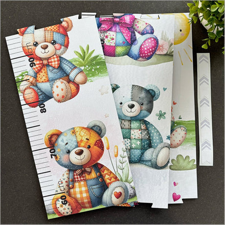 Colorful patchwork teddy bear growth chart measuring 175cm, includes markers and puzzle pieces for children's rooms decor.