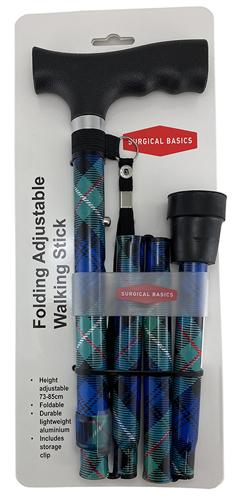 FOLDING ADJ WALKING STICK 73-85CM TARTAN WITH STRAP