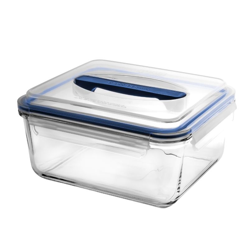 A durable, 2700ML tempered glass container with airtight lock, ideal for food storage and meal prep, microwave and dishwasher safe.