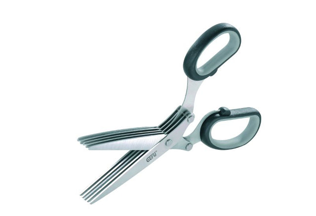 Gefu Cutare Herb Scissors with five precision blades for aroma-preserving herb cutting, includes cleaning comb, 19.1 cm long.