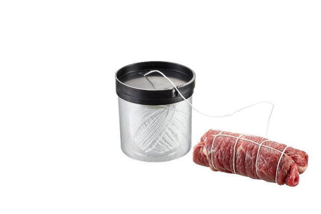 Durable 50m cooking twine dispenser with cutter, heat-resistant up to 175°C for shaping meats and dishes effortlessly.