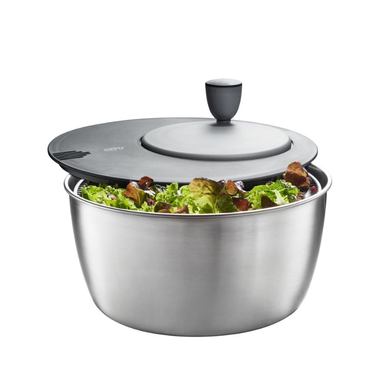 Sleek stainless steel salad spinner with 3L capacity and crank drive for quick drying of greens; includes integrated pouring spout.