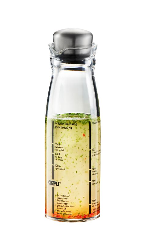 Stylish Gefu Mixo Dressing Shaker for creating five delicious homemade salad dressings, featuring a stainless steel stopper and pouring spout.