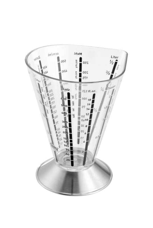 Stainless steel and plastic measuring cup with external graduations for precise measurements, ideal for baking and cooking.