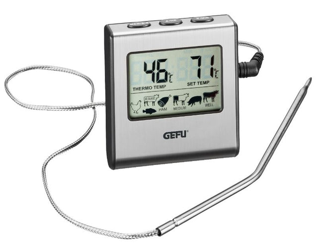 Digital roast thermometer with timer, stainless steel probe, measures up to 250°C for perfect meat cooking.