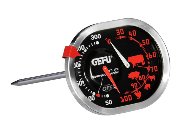 Gefu Messimo 3-in-1 Roast/Oven Thermometer with dual readout for core and oven temperatures, made of durable stainless steel.