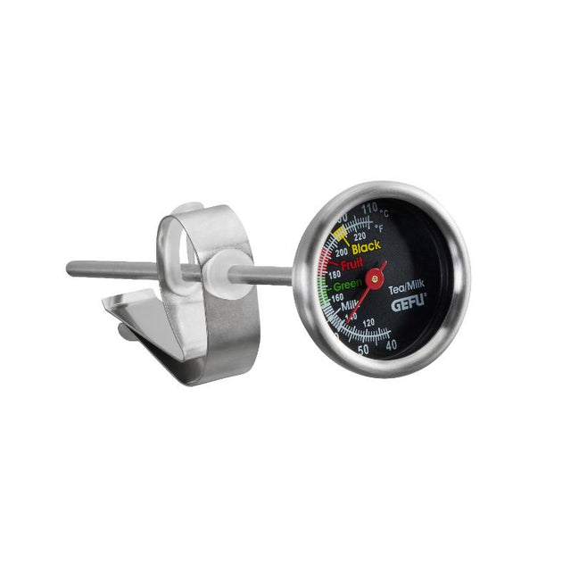 Gefu Sido Tea and Milk Thermometer for precise temperature checks, featuring Celsius and Fahrenheit scales with a secure clamp.