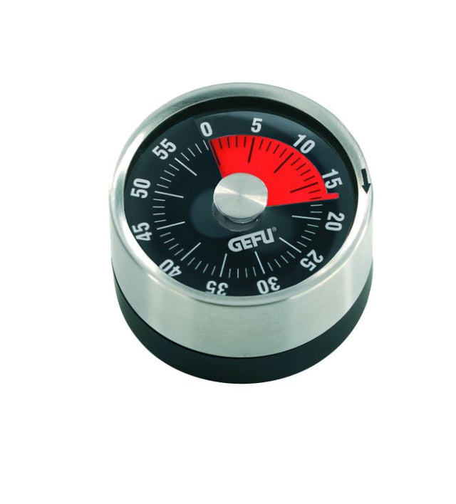 Compact 6cm timer in stainless steel and plastic with countdown, magnetic back, and clear red display for easy readability.