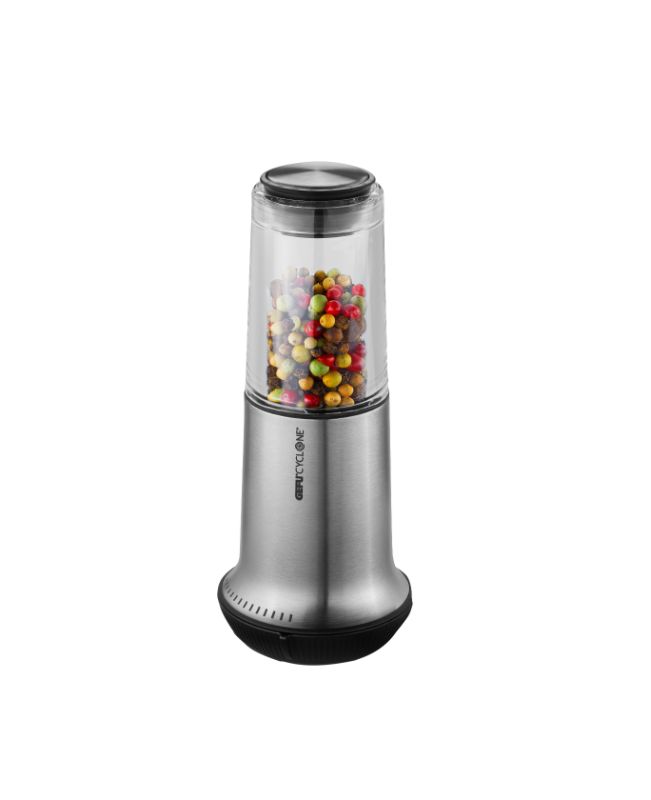 Sleek Gefu X-Plosion salt and pepper mill with adjustable grind settings and airtight lid for freshness and flavor.