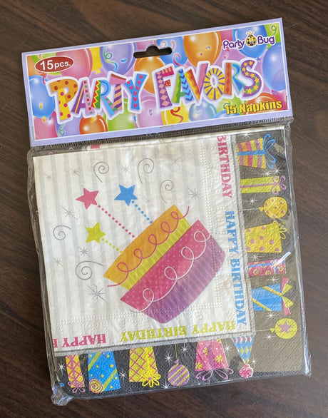 Colorful "Happy Birthday" napkins in a pack of 15, perfect for adding fun to any birthday celebration while managing spills.