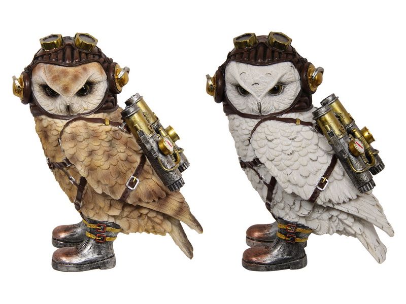 Set of 2 quirky 21cm owl ornaments with jet packs, showcasing punk style and whimsical charm for unique home decor.