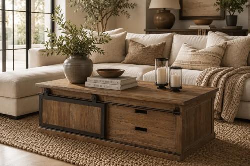 Coffee Table with Sliding Door - Old Pine / Iron